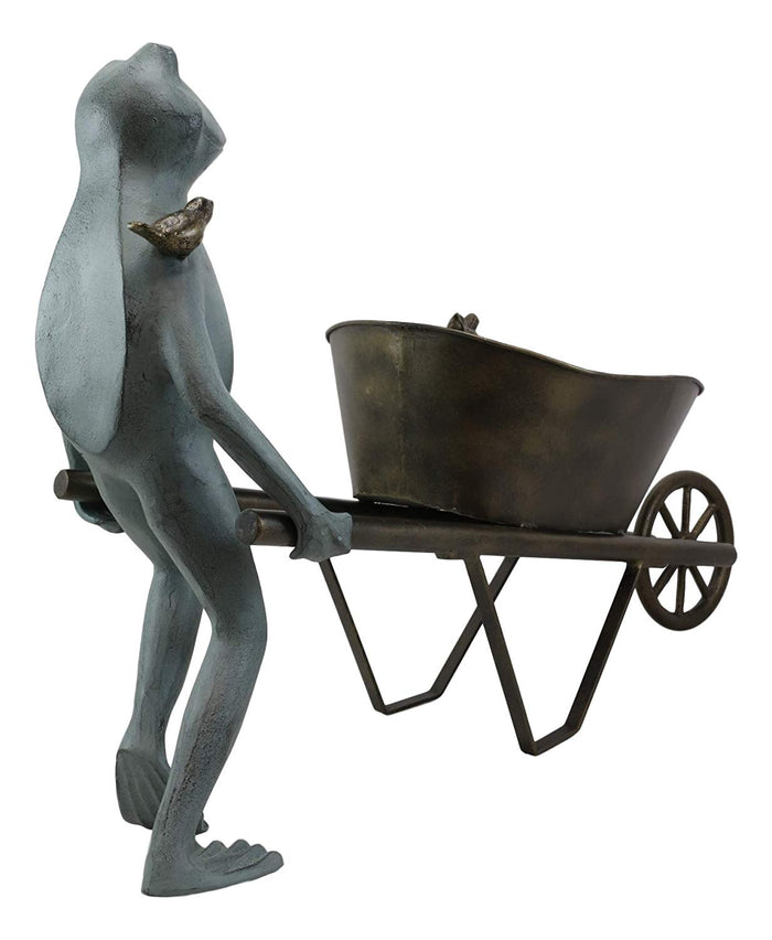 Ebros Gift 24" Wide Aluminum Rustic Whimsical Gardening Green Frog With Birds Pushing Wheelbarrow Cart Flowers Or Plants Planter Garden Statue Decorative Frogs And Toads Accent Decor