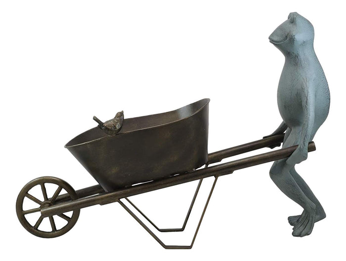 Ebros Gift 24" Wide Aluminum Rustic Whimsical Gardening Green Frog With Birds Pushing Wheelbarrow Cart Flowers Or Plants Planter Garden Statue Decorative Frogs And Toads Accent Decor