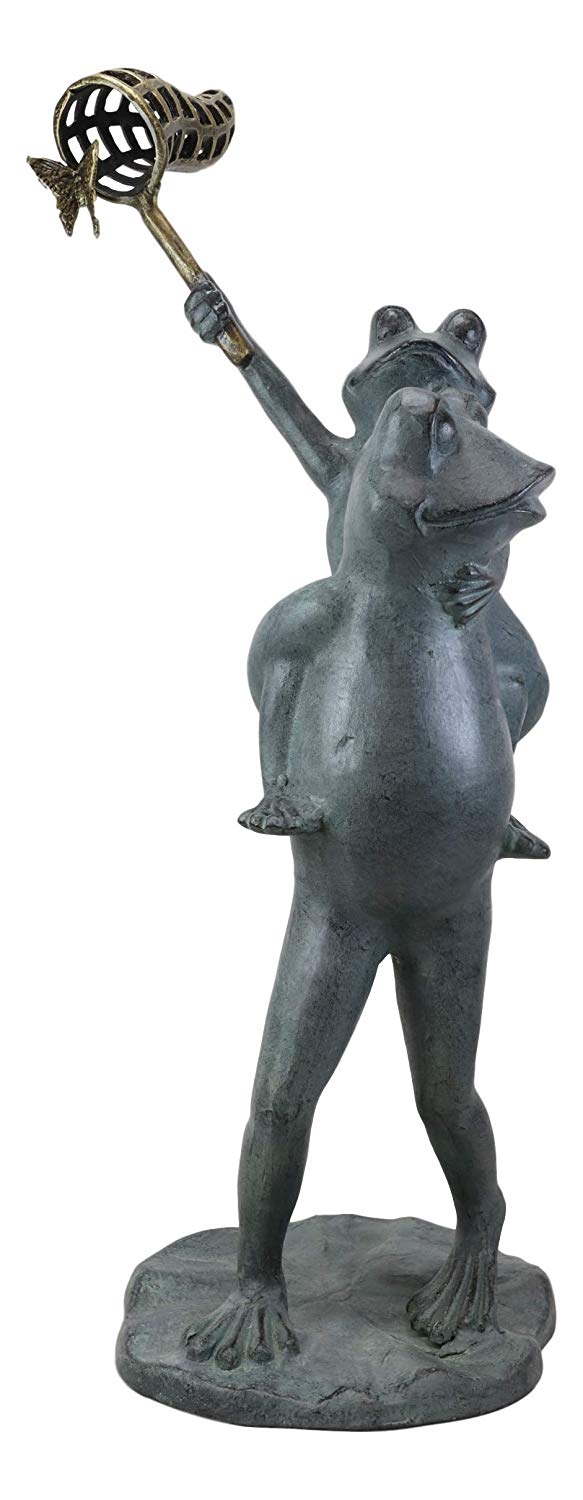 Ebros Gift 25.25" Tall Aluminum Metal Whimsical Father And Son Frog Family With Net Chasing Butterfly Garden Statue Frogs Patio Pool Pond Lawn Yard Decorative Sculpture Feng Shui Zen Accent