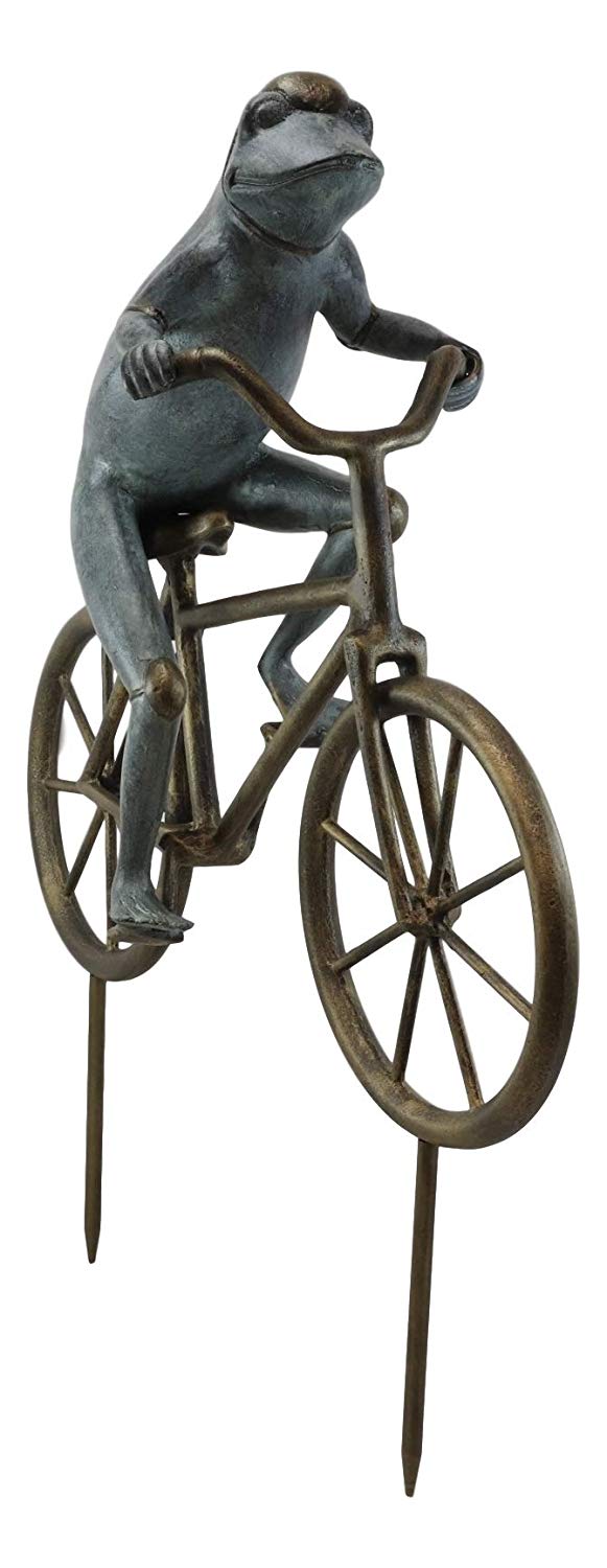 Ebros Gift 26.75" Tall Aluminum Metal Whimsical The Expedition Bicycling Frog With Helmet Garden Stake Statue Frogs Patio Pool Pond Lawn Yard Decorative Sculpture Feng Shui Zen Accent