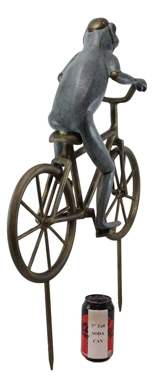 Ebros Gift 26.75" Tall Aluminum Metal Whimsical The Expedition Bicycling Frog With Helmet Garden Stake Statue Frogs Patio Pool Pond Lawn Yard Decorative Sculpture Feng Shui Zen Accent