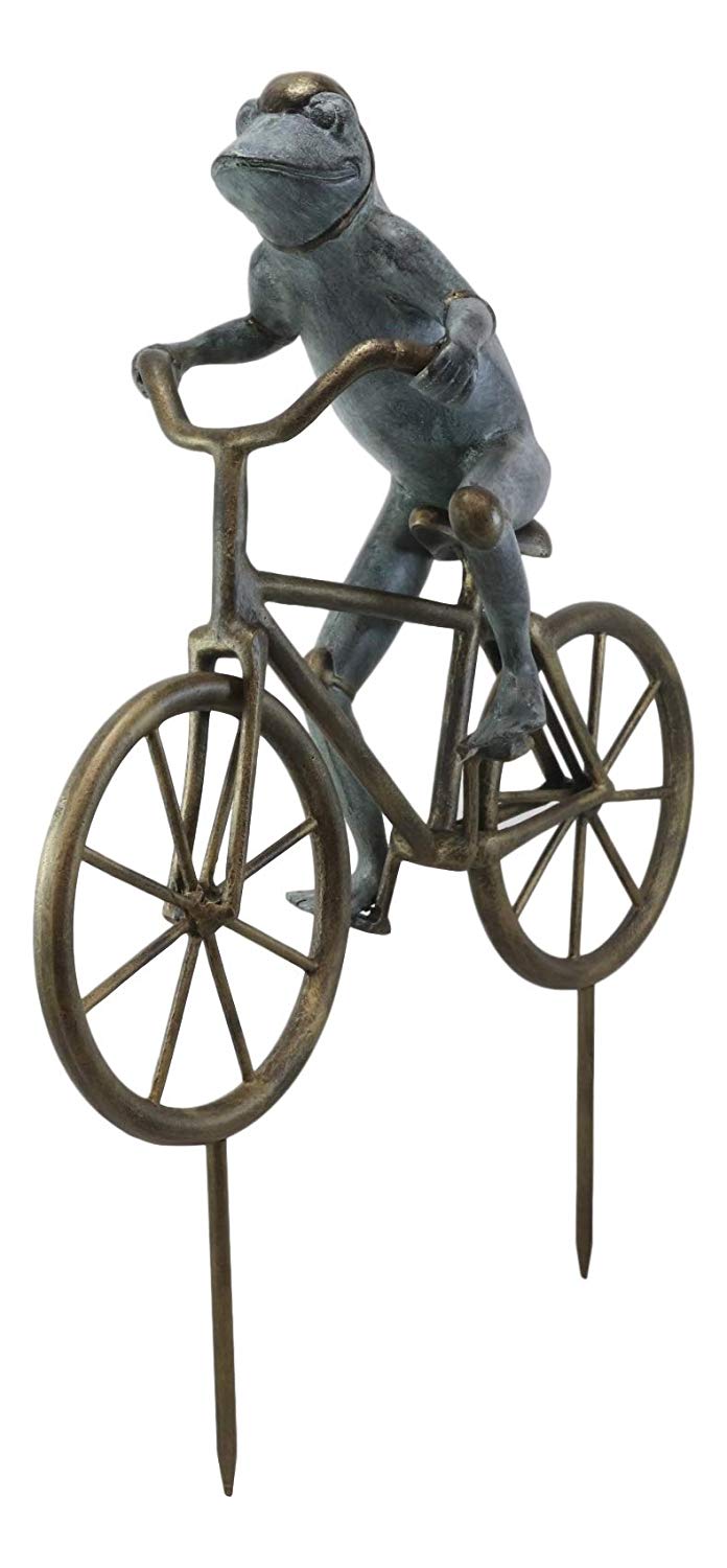 Ebros Gift 26.75" Tall Aluminum Metal Whimsical The Expedition Bicycling Frog With Helmet Garden Stake Statue Frogs Patio Pool Pond Lawn Yard Decorative Sculpture Feng Shui Zen Accent