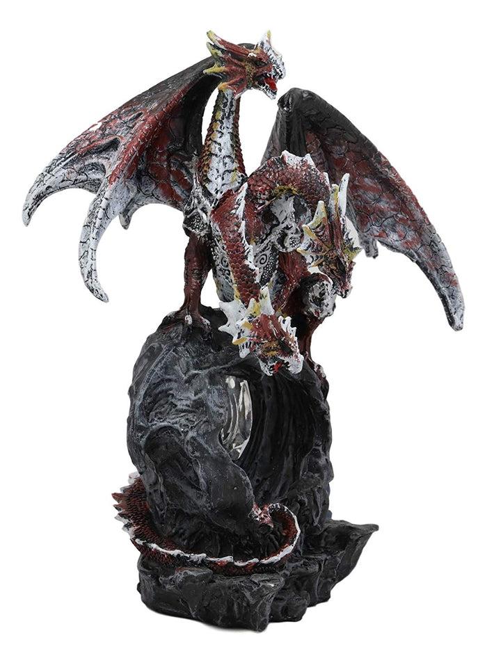 Ebros Gift 3 Headed Hydra Dragon Protecting Rune Crystal Decorative Figurine 9.75" Tall (Volcano Red And Silver Drake)