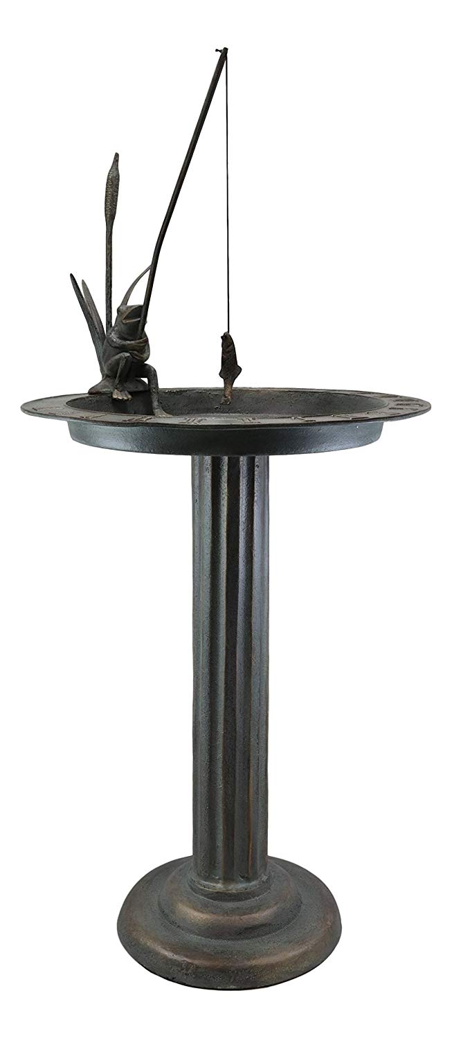 Ebros Gift 34" Tall Aluminum Metal Rustic Cottage Villa Whimsical Fishing Frog By Water Lilly Column Bird Bath And Sundial Garden Decor Statue With Roman Numerals For Lawn Pool Patio Outdoors Decor