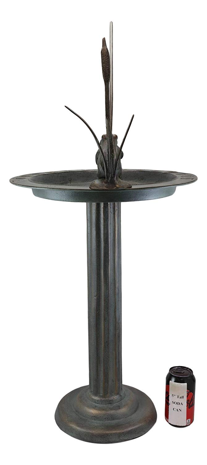 Ebros Gift 34" Tall Aluminum Metal Rustic Cottage Villa Whimsical Fishing Frog By Water Lilly Column Bird Bath And Sundial Garden Decor Statue With Roman Numerals For Lawn Pool Patio Outdoors Decor