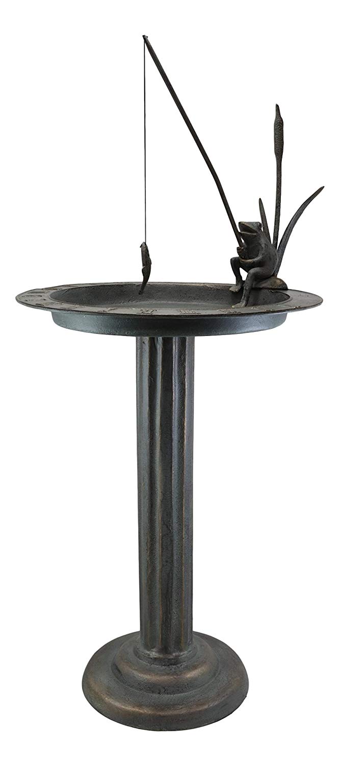 Ebros Gift 34" Tall Aluminum Metal Rustic Cottage Villa Whimsical Fishing Frog By Water Lilly Column Bird Bath And Sundial Garden Decor Statue With Roman Numerals For Lawn Pool Patio Outdoors Decor