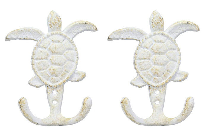 Ebros Gift 4.75" Tall Nautical Ocean Sea Turtle Cast Iron Rustic Vintage Wall Coat 2 Pegs Hook Tortoise Turtles Coastal Beach Decorative Accent Hooks for Keys Leashes Hats (2)