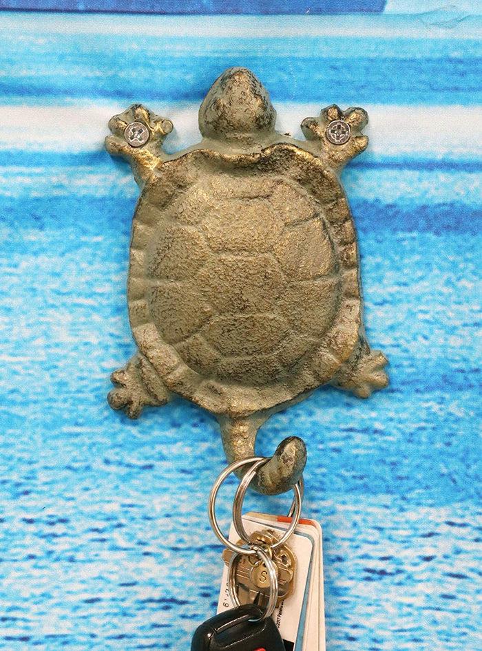 Ebros Gift 5.25" Tall Nautical Ocean Sea Turtle Cast Iron Rustic Vintage Green Verdigris Finish Wall Coat Hook Tortoise Turtles Coastal Beach Decorative Accent Hooks For Keys Leashes Hats (2)