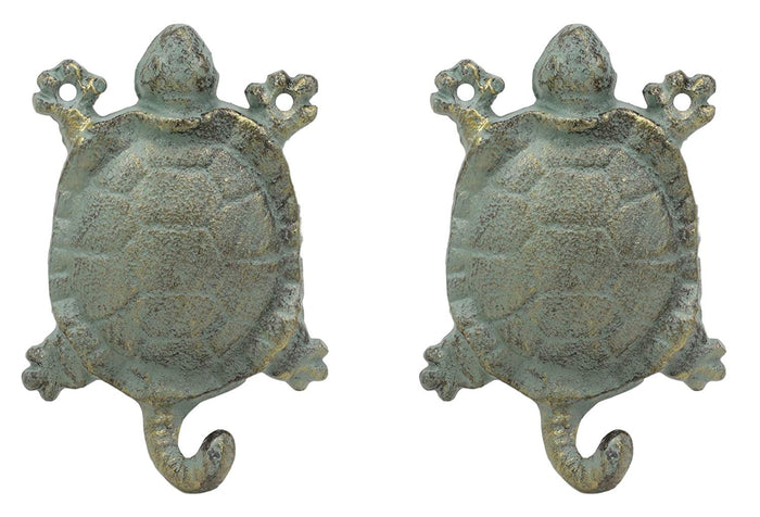 Ebros Gift 5.25" Tall Nautical Ocean Sea Turtle Cast Iron Rustic Vintage Green Verdigris Finish Wall Coat Hook Tortoise Turtles Coastal Beach Decorative Accent Hooks for Keys Leashes Hats (2)