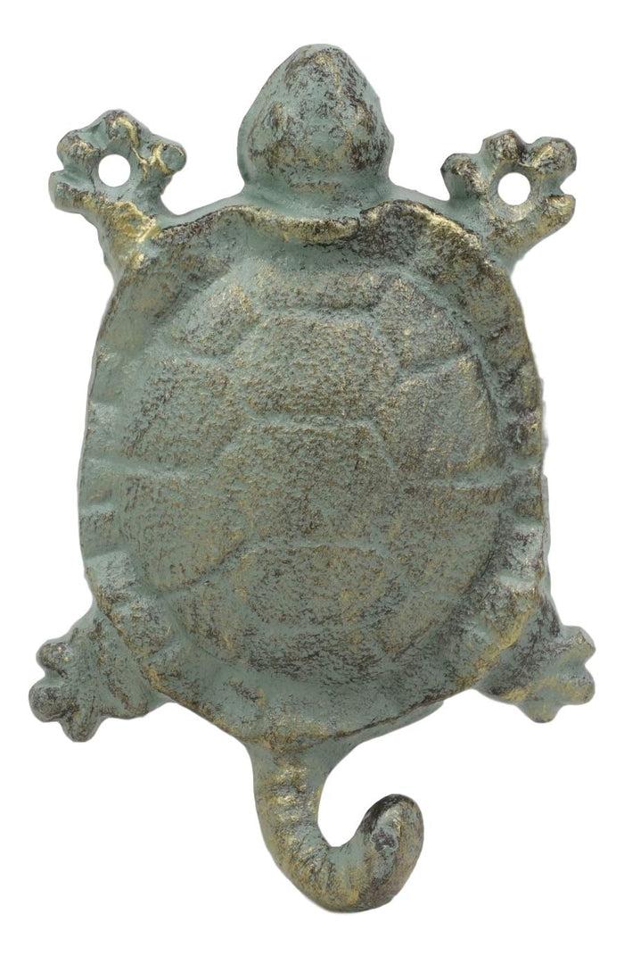 Ebros Gift 5.25" Tall Nautical Ocean Sea Turtle Cast Iron Rustic Vintage Green Verdigris Finish Wall Coat Hook Tortoise Turtles Coastal Beach Decorative Accent Hooks For Keys Leashes Hats (1)