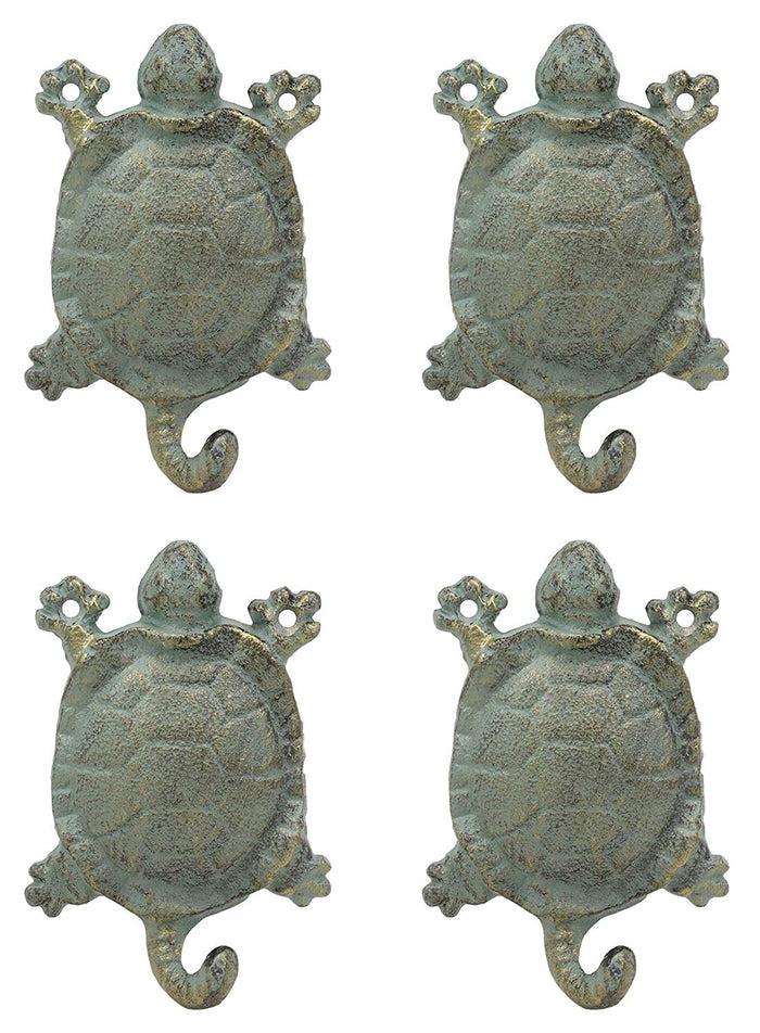 Ebros Gift 5.25" Tall Nautical Ocean Sea Turtle Cast Iron Rustic Vintage Green Verdigris Finish Wall Coat Hook Tortoise Turtles Coastal Beach Decorative Accent Hooks for Keys Leashes Hats (4)