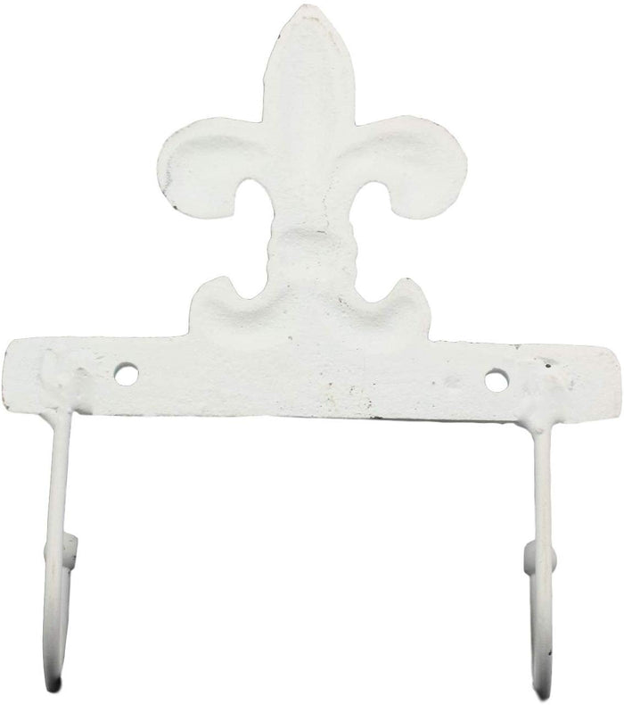Ebros Gift 5.75" Tall Cast Iron Rustic Vintage Distressed White Fleur De Lis Emblem With 2 Peg Hooks Decorative Wall Hook Southwestern Hangers Accent For Keys Leashes Coats Hats (4)