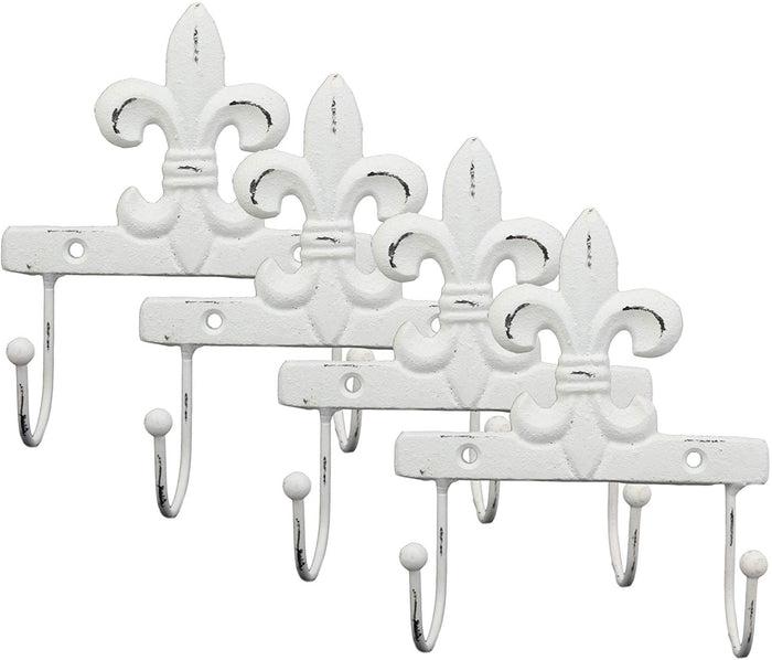 Ebros Gift 5.75" Tall Cast Iron Rustic Vintage Distressed White Fleur De Lis Emblem with 2 Peg Hooks Decorative Wall Hook Southwestern Hangers Accent for Keys Leashes Coats Hats (4)