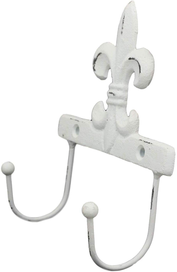 Ebros Gift 5.75" Tall Cast Iron Rustic Vintage Distressed White Fleur De Lis Emblem With 2 Peg Hooks Decorative Wall Hook Southwestern Hangers Accent For Keys Leashes Coats Hats (1)