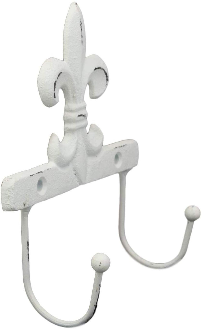 Ebros Gift 5.75" Tall Cast Iron Rustic Vintage Distressed White Fleur De Lis Emblem With 2 Peg Hooks Decorative Wall Hook Southwestern Hangers Accent For Keys Leashes Coats Hats (1)