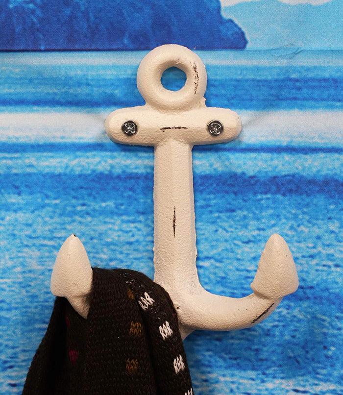 Ebros Gift 5.75" Tall Cast Iron Rustic Vintage Sailor White Nautical Ocean Sea Ship Anchor 2 Pegs Wall Hook Coastal Harbor Ships Anchors Decorative Accent Hooks For Keys Leashes Hats Coats (4)