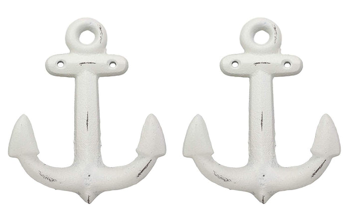 Ebros Gift 5.75" Tall Cast Iron Rustic Vintage Sailor White Nautical Ocean Sea Ship Anchor 2 Pegs Wall Hook Coastal Harbor Ships Anchors Decorative Accent Hooks for Keys Leashes Hats Coats (2)