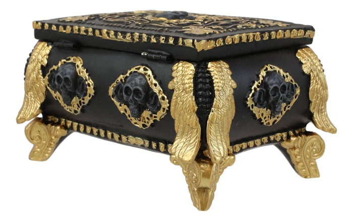 Ebros Gift 5" Long Nautical Caribbean Pirate Haunted Skull Black And Gold Small Treasure Chest Decorative Box With Oval Mirror Figurine Angel Of Death Skeleton Ossuary Macabre Decor