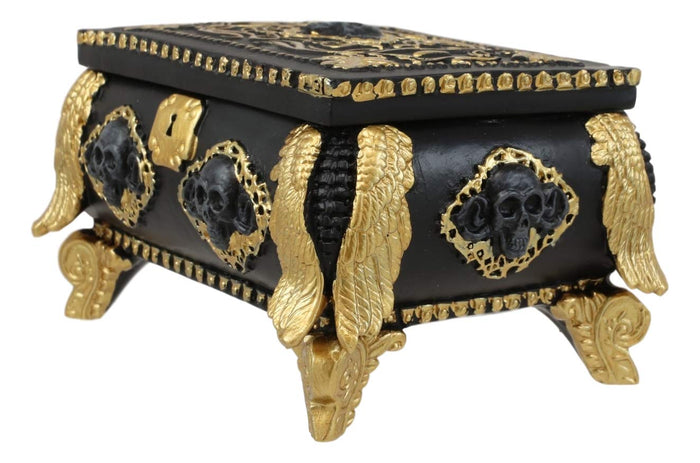 Ebros Gift 5" Long Nautical Caribbean Pirate Haunted Skull Black And Gold Small Treasure Chest Decorative Box With Oval Mirror Figurine Angel Of Death Skeleton Ossuary Macabre Decor
