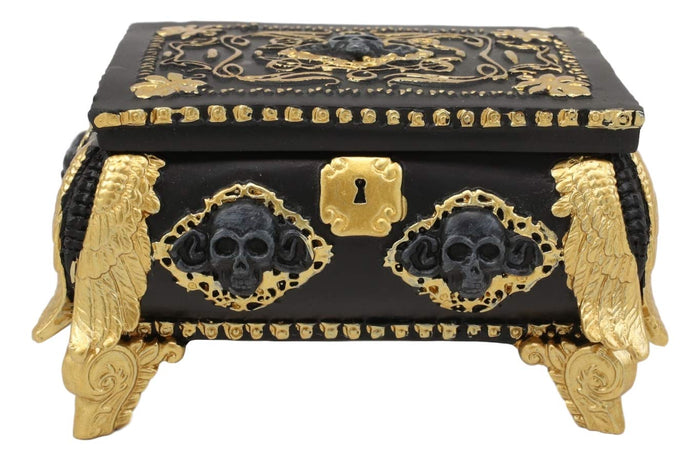 Ebros Gift 5" Long Nautical Caribbean Pirate Haunted Skull Black And Gold Small Treasure Chest Decorative Box With Oval Mirror Figurine Angel Of Death Skeleton Ossuary Macabre Decor