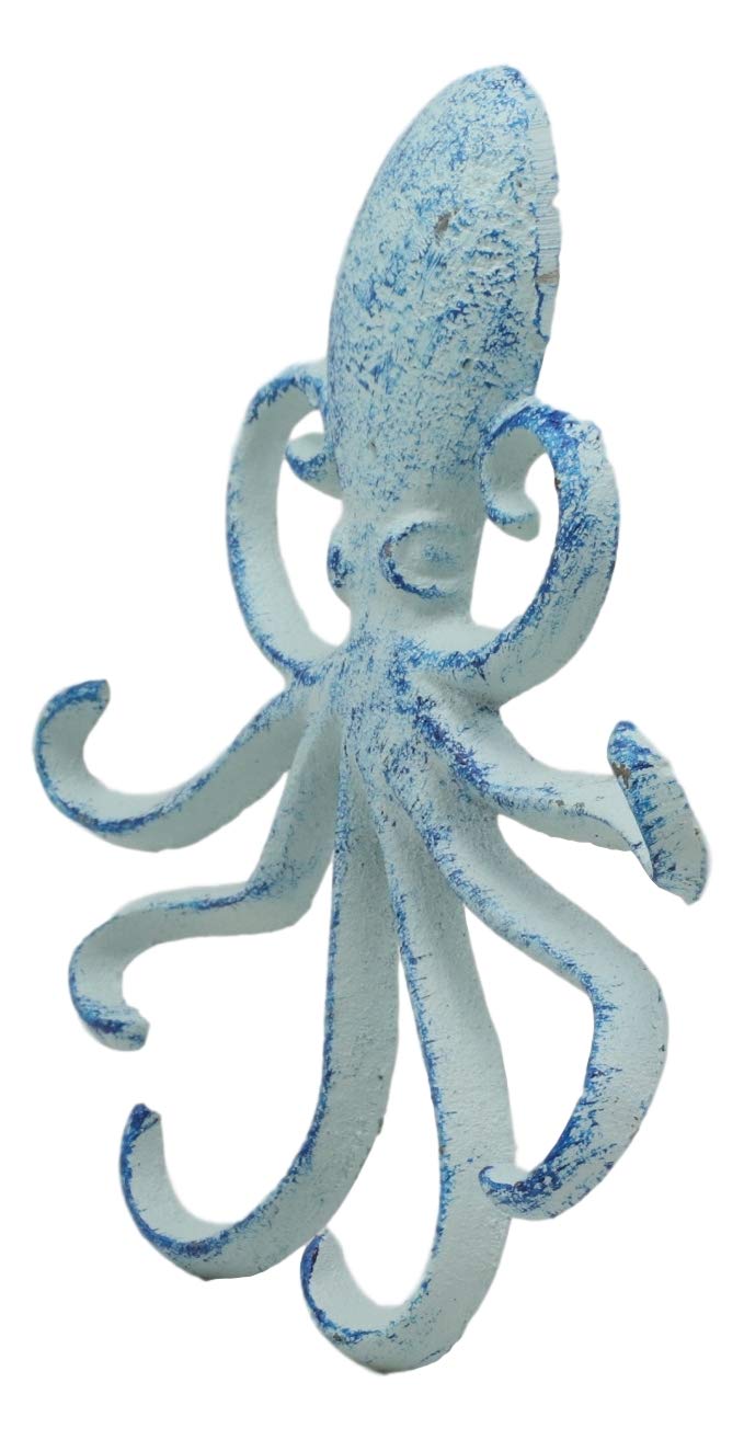 Ebros Gift 6.5" H Cast Iron Nautical Deep Sea Octopus Wall Mount 6 Pegs Hooks Hanging Plaque Tentacle Hook Feature For Keys Hats Leash Backpacks (Ocean Blue)