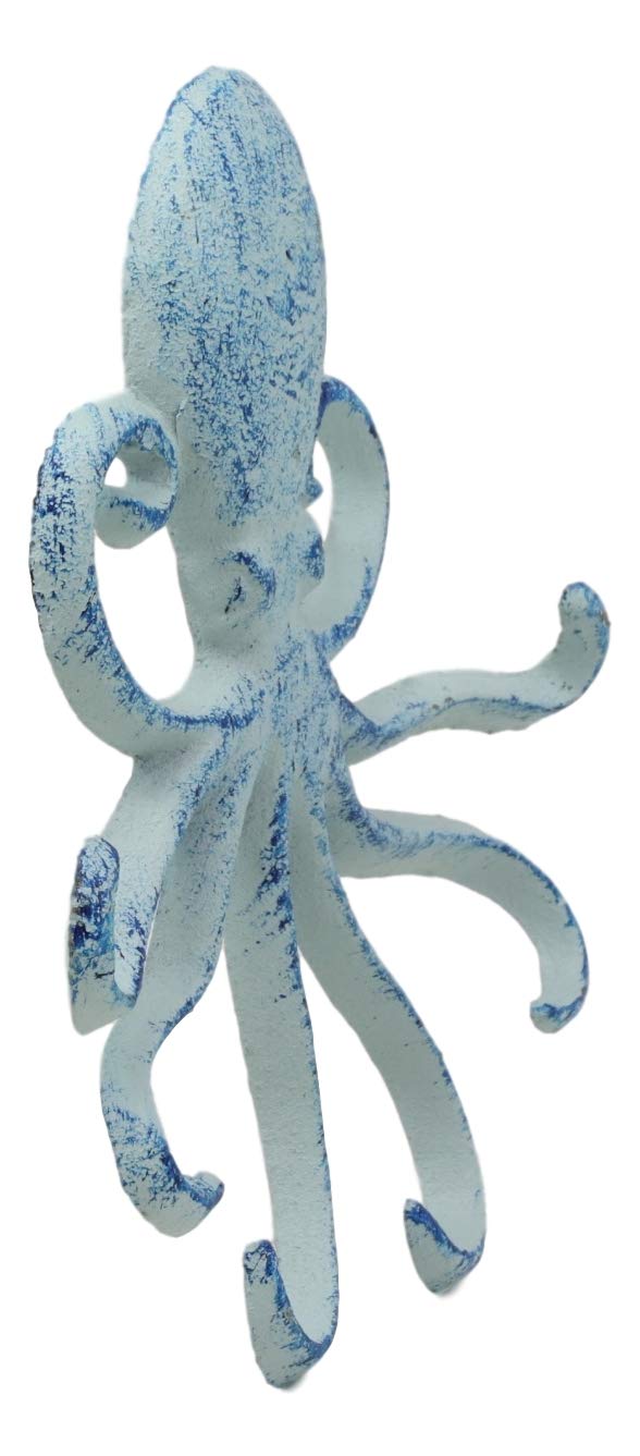 Ebros Gift 6.5" H Cast Iron Nautical Deep Sea Octopus Wall Mount 6 Pegs Hooks Hanging Plaque Tentacle Hook Feature For Keys Hats Leash Backpacks (Ocean Blue)
