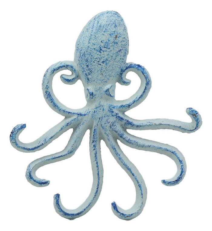 Ebros Gift 6.5" H Cast Iron Nautical Deep Sea Octopus Wall Mount 6 Pegs Hooks Hanging Plaque Tentacle Hook Feature For Keys Hats Leash Backpacks (Ocean Blue)