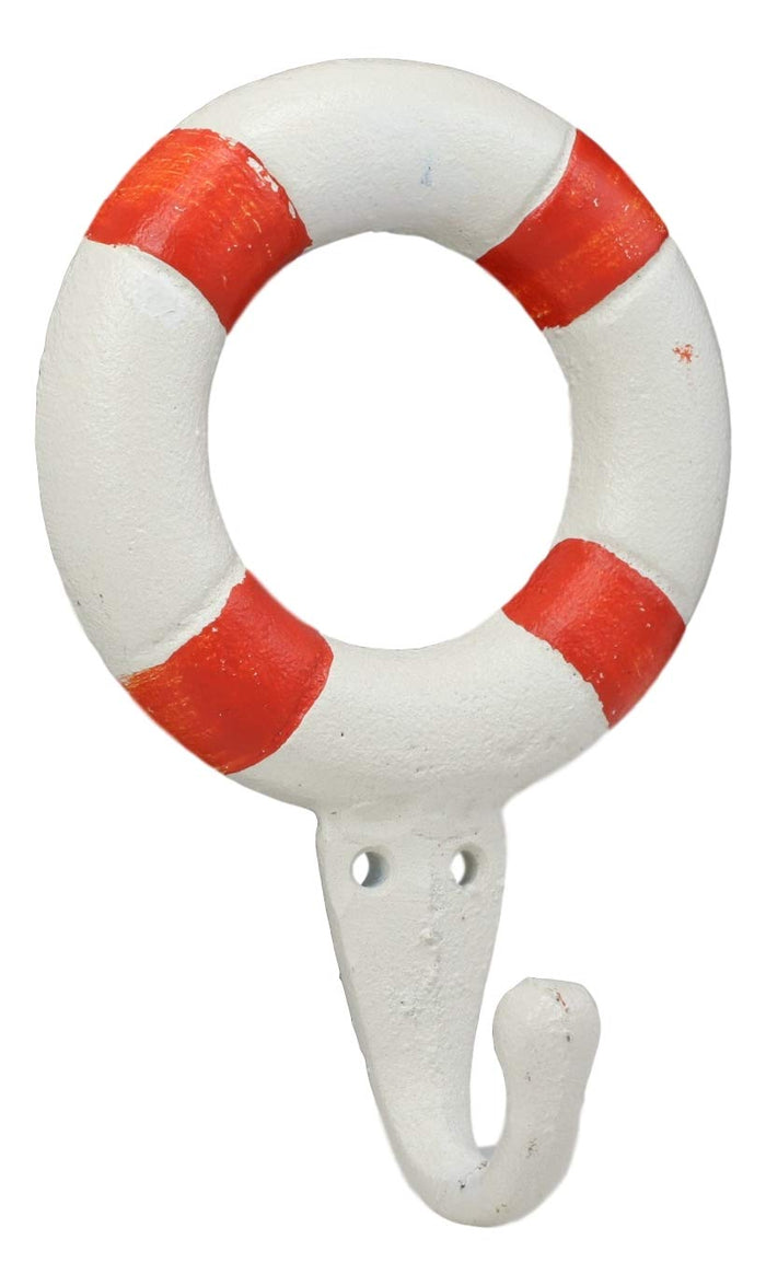 Ebros Gift 6.5"Tall Cast Iron Nautical Coastal Sailor Lifeguard Life Ring Buoy White With Red Stripes Wall Hook (2)