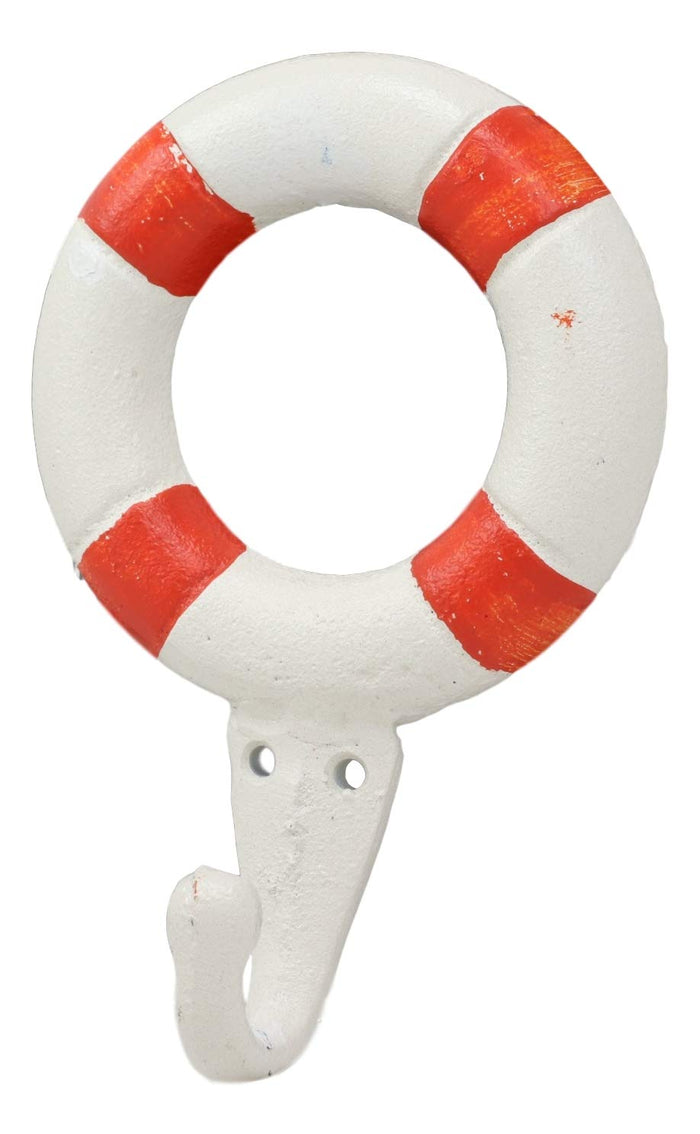 Ebros Gift 6.5"Tall Cast Iron Nautical Coastal Sailor Lifeguard Life Ring Buoy White With Red Stripes Wall Hook (2)