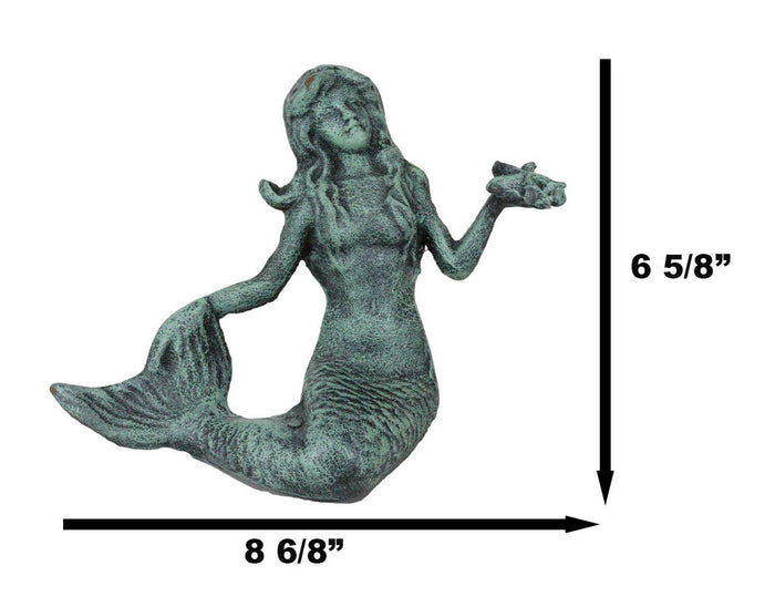 Ebros Gift 6.5" Tall Nautical Siren Mermaid Holding Starfish Cast Iron Rustic Verdigris Vintage Patina Finish Statue Ocean Goddess Princess Coastal Beach Under The Sea Mermaids Decorative Accent