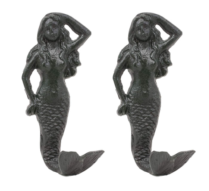 Ebros Gift 6"H Mermaid Cast Iron Rustic Wall Coat Hook For Keys Leashes Hats (2)
