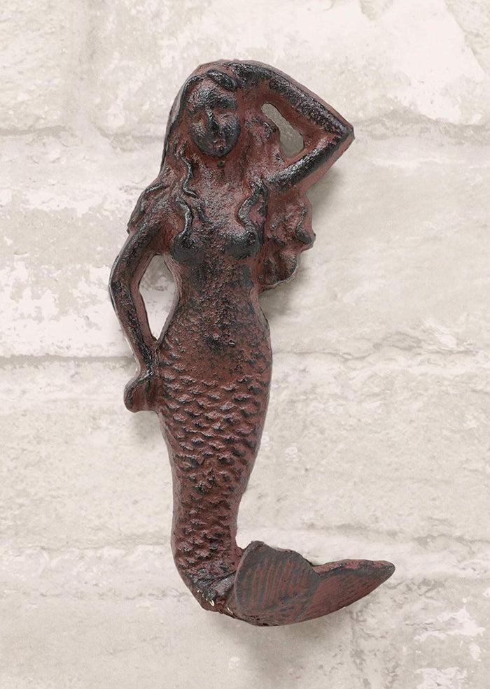 Ebros Gift 6" Tall Cast Iron Rustic Vintage Finish Wall Coat Hook Mermaids Decorative Accent Hooks For Keys Leashes Hats (2)