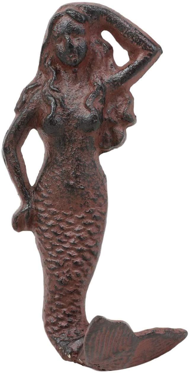 Ebros Gift 6" Tall Cast Iron Rustic Vintage Finish Wall Coat Hook Mermaids Decorative Accent Hooks For Keys Leashes Hats (2)