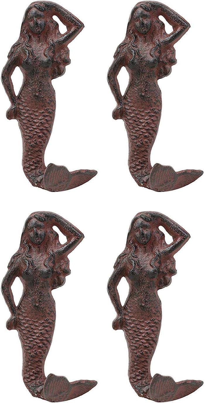 Ebros Gift 6" Tall Cast Iron Rustic Vintage Finish Wall Coat Hook Mermaids Decorative Accent Hooks for Keys Leashes Hats (4)