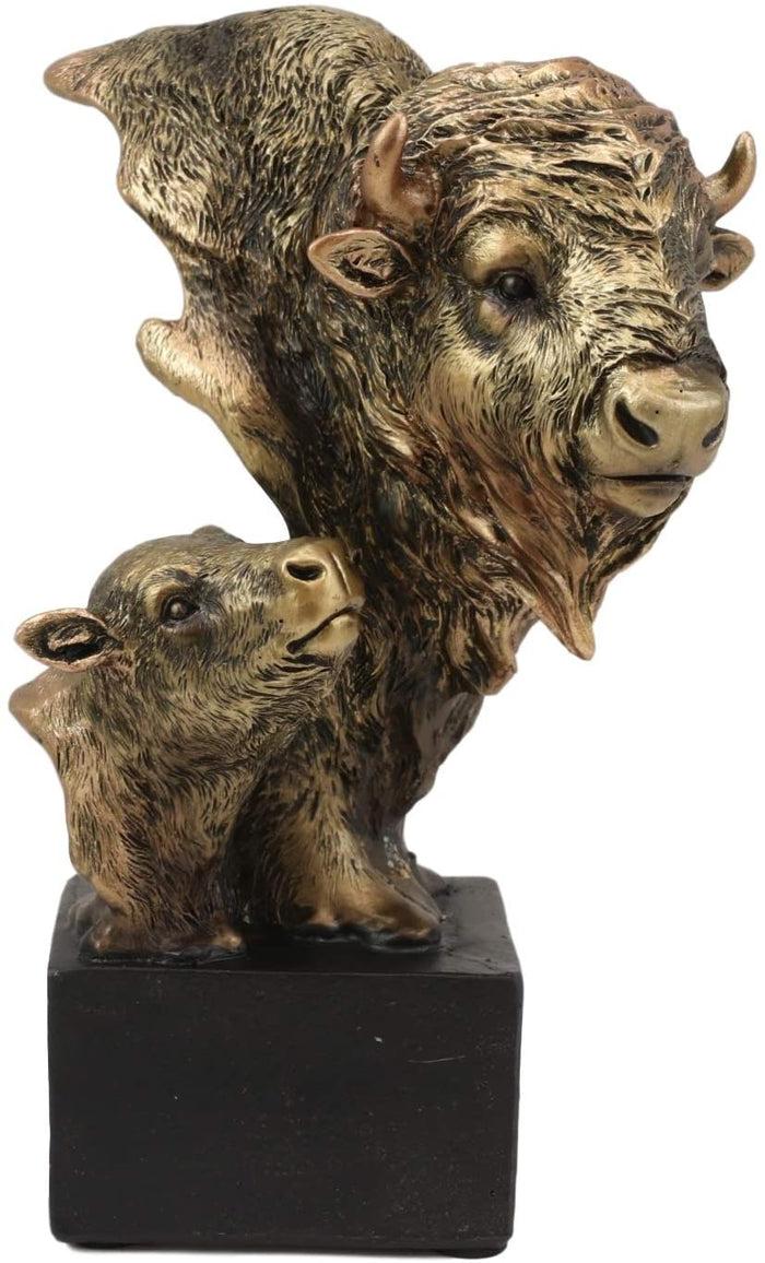 Ebros Gift 6" Tall Wild Bison And Calf Head Bust Figurine With Black Pedestal
