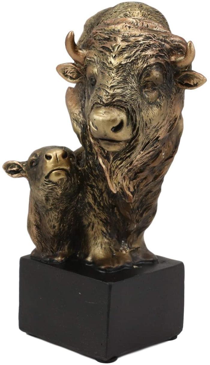 Ebros Gift 6" Tall Wild Bison And Calf Head Bust Figurine With Black Pedestal
