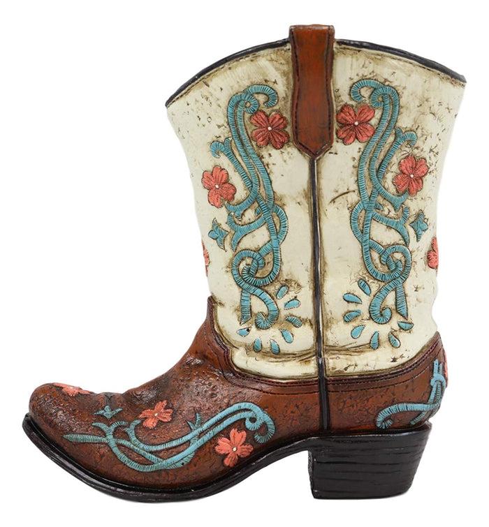 Ebros Gift 7" Tall Rustic Western Cowgirl Teal White Floral Boot Decorative Figurine Holder As Flower Vase Or Stationery Pen Pencil Organizer As Home Centerpiece Statue Accent
