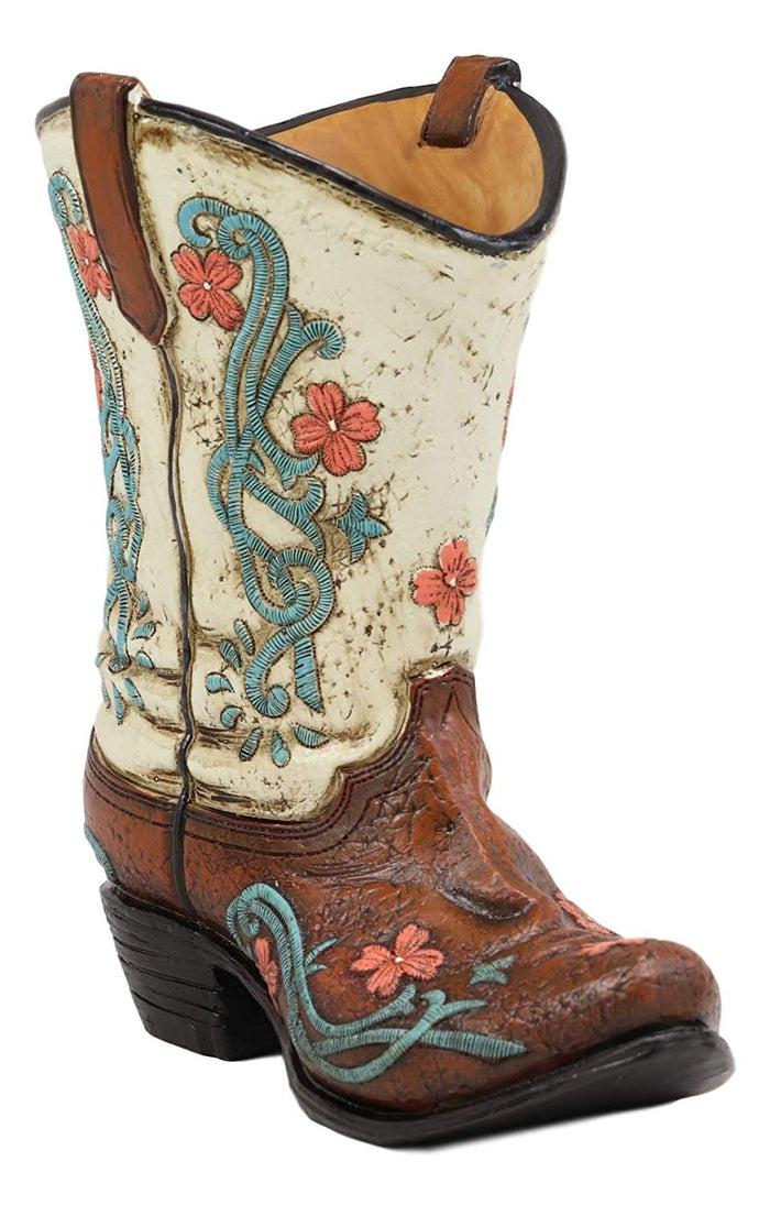 Ebros Gift 7" Tall Rustic Western Cowgirl Teal White Floral Boot Decorative Figurine Holder As Flower Vase Or Stationery Pen Pencil Organizer As Home Centerpiece Statue Accent