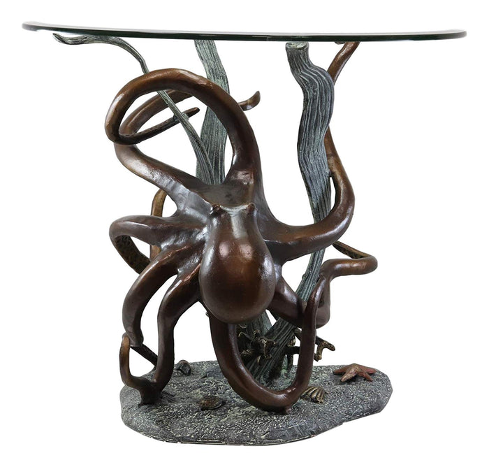 Ebros Gift Aluminum Metal Nautical Ocean Deep Sea Octopus Wrapping Around Seagrass With Starfish Round Side Coffee Table With Glass Top Furniture Collectible Fantasy Kraken Monster Tables