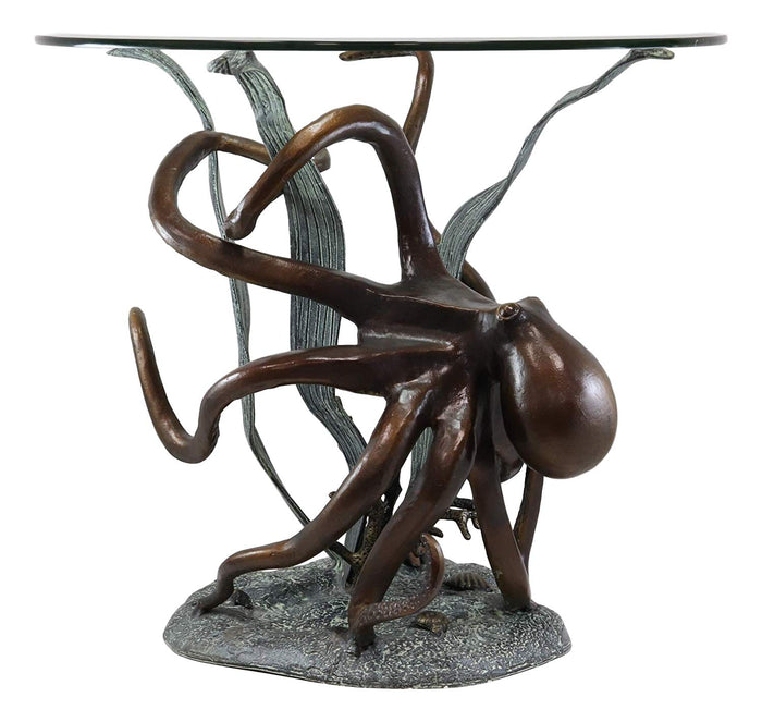 Ebros Gift Aluminum Metal Nautical Ocean Deep Sea Octopus Wrapping Around Seagrass With Starfish Round Side Coffee Table With Glass Top Furniture Collectible Fantasy Kraken Monster Tables