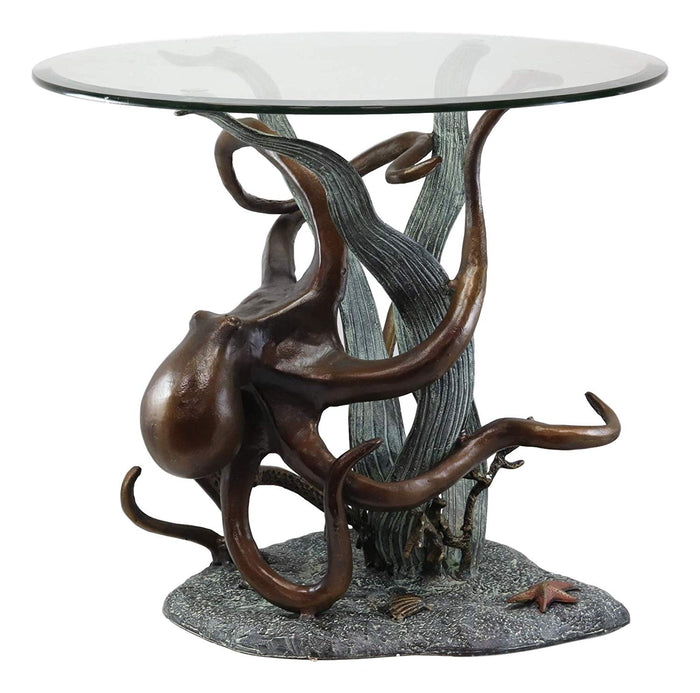 Ebros Gift Aluminum Metal Nautical Ocean Deep Sea Octopus Wrapping Around Seagrass With Starfish Round Side Coffee Table With Glass Top Furniture Collectible Fantasy Kraken Monster Tables