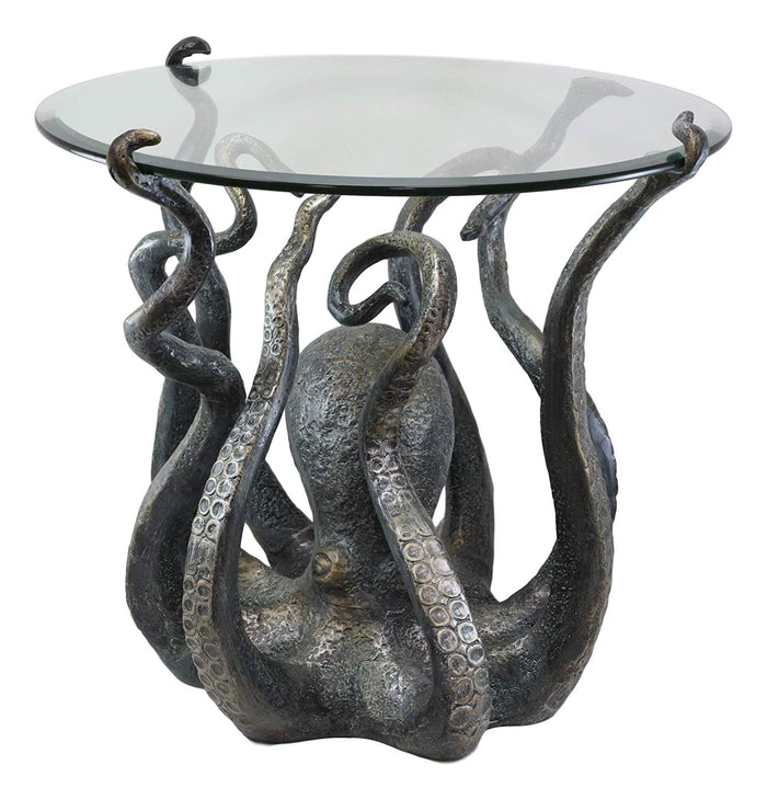 Ebros Gift Aluminum Metal Nautical Ocean Deep Sea Octopus With Raised Tentacle Legs Round Side Coffee Table With Glass Top Furniture Collectible Fantasy Kraken Monster End Tables For Home And Office
