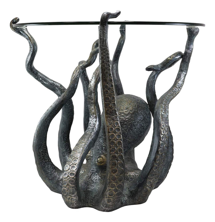 Ebros Gift Aluminum Metal Nautical Ocean Deep Sea Octopus With Raised Tentacle Legs Round Side Coffee Table With Glass Top Furniture Collectible Fantasy Kraken Monster End Tables For Home And Office