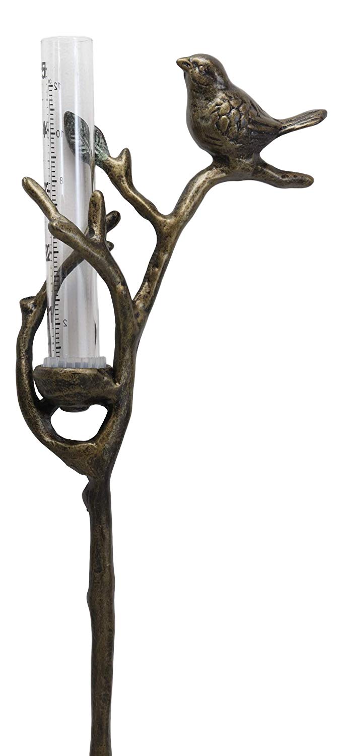 Ebros Gift Aluminum Metal Rustic Bird Perching On Twig Branch By Nest Garden Stake Rain Gauge Outdoors Lawn Yard Decorative Whimsical Cozy Cottage Accent Decor 25.5" Tall