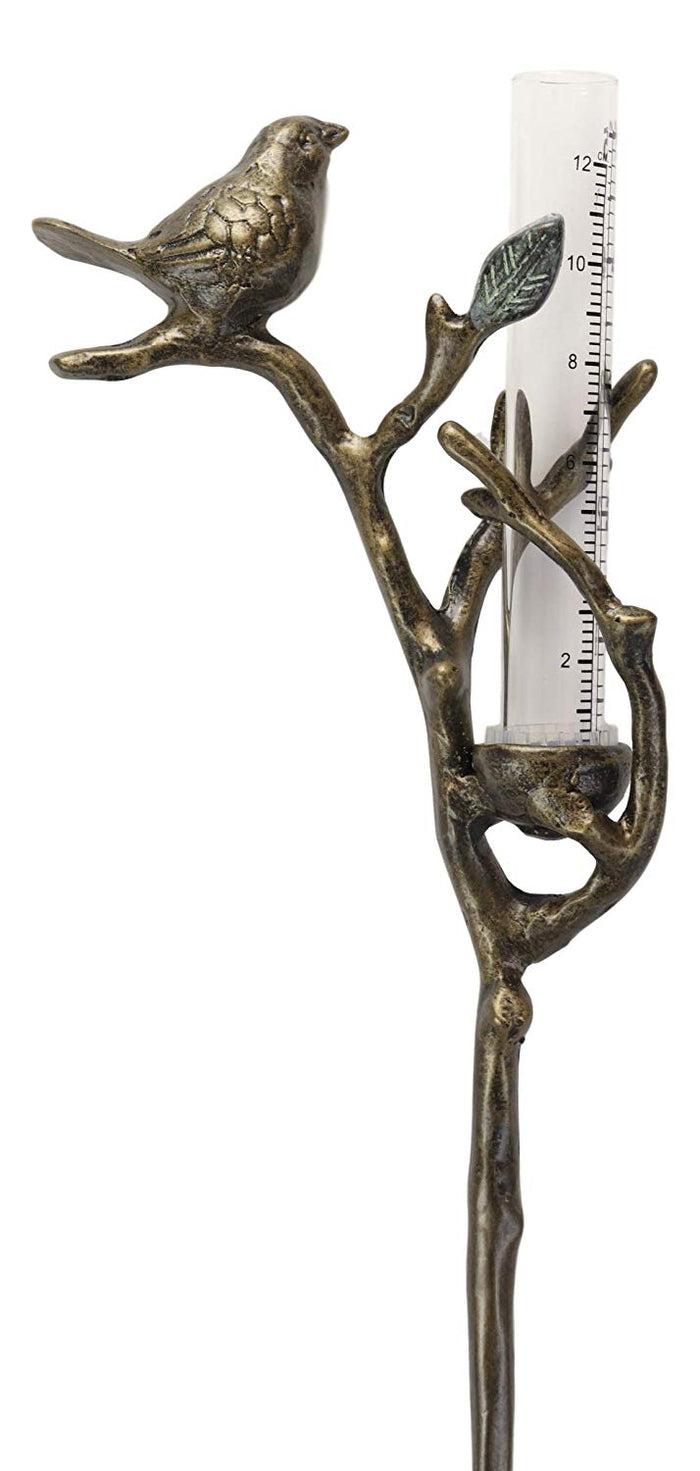 Ebros Gift Aluminum Metal Rustic Bird Perching On Twig Branch By Nest Garden Stake Rain Gauge Outdoors Lawn Yard Decorative Whimsical Cozy Cottage Accent Decor 25.5" Tall