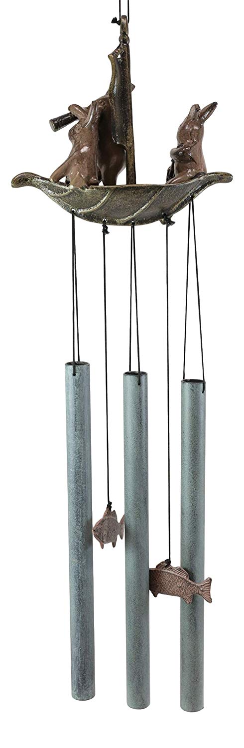 Ebros Gift Aluminum Whimsical Bunny Rabbit Explorers On A Sail Boat With Telescope Tube Wind Chime Sculpture With Hanging Fish Ornaments 25.5" Tall Garden Lawn Patio Home Pool Deck Accent Decor