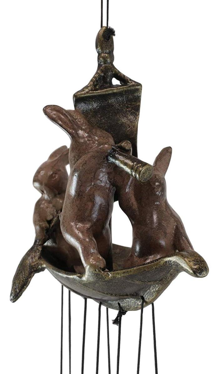 Ebros Gift Aluminum Whimsical Bunny Rabbit Explorers On A Sail Boat With Telescope Tube Wind Chime Sculpture With Hanging Fish Ornaments 25.5" Tall Garden Lawn Patio Home Pool Deck Accent Decor