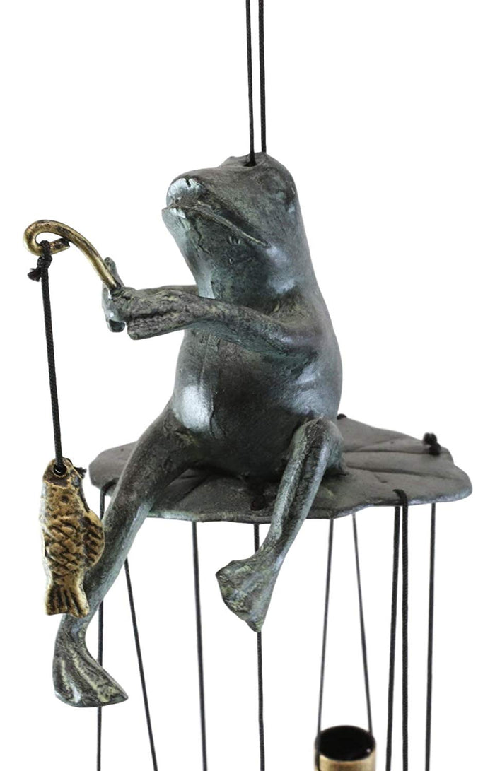 Ebros Gift Aluminum Whimsical Summer Pastime Green Frog Fishing In The Pond Resonant Tube Wind Chime Sculpture 22" Tall Outdoors Garden Lawn Patio Home Pool Deck Accent Decor