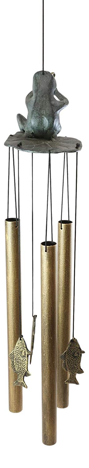 Ebros Gift Aluminum Whimsical Summer Pastime Green Frog Fishing In The Pond Resonant Tube Wind Chime Sculpture 22" Tall Outdoors Garden Lawn Patio Home Pool Deck Accent Decor