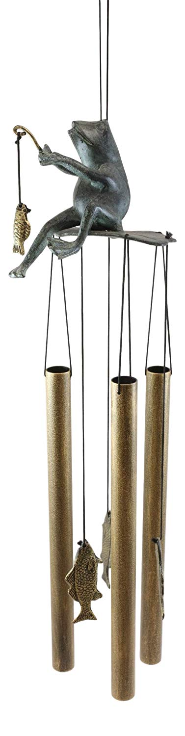 Ebros Gift Aluminum Whimsical Summer Pastime Green Frog Fishing In The Pond Resonant Tube Wind Chime Sculpture 22" Tall Outdoors Garden Lawn Patio Home Pool Deck Accent Decor